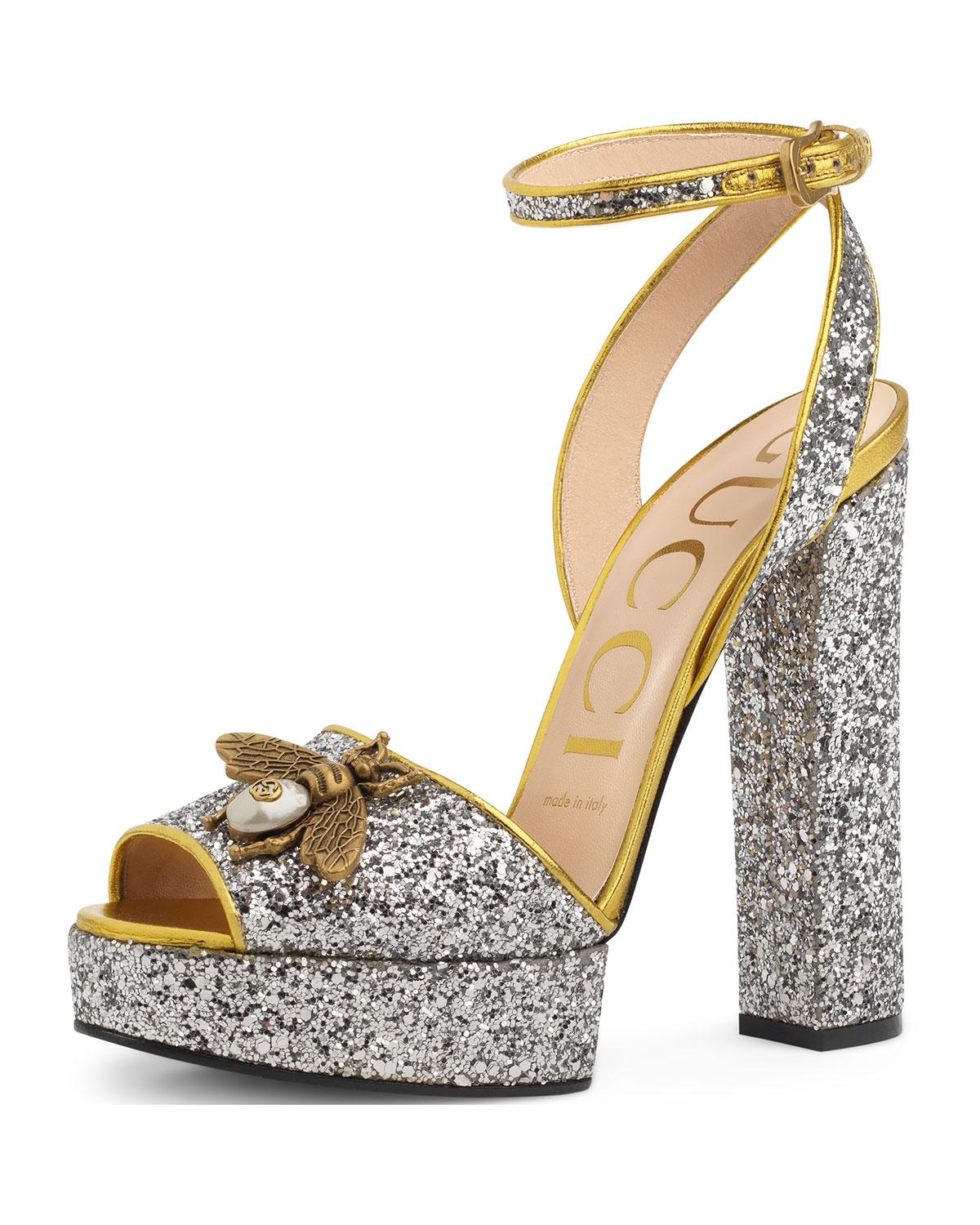 Lyst - Gucci Soko Glittered Ankle-wrap Platform Sandal in Metallic Gucci. Women's Metallic Soko Glittered Ankle-wrap Platform Sandal