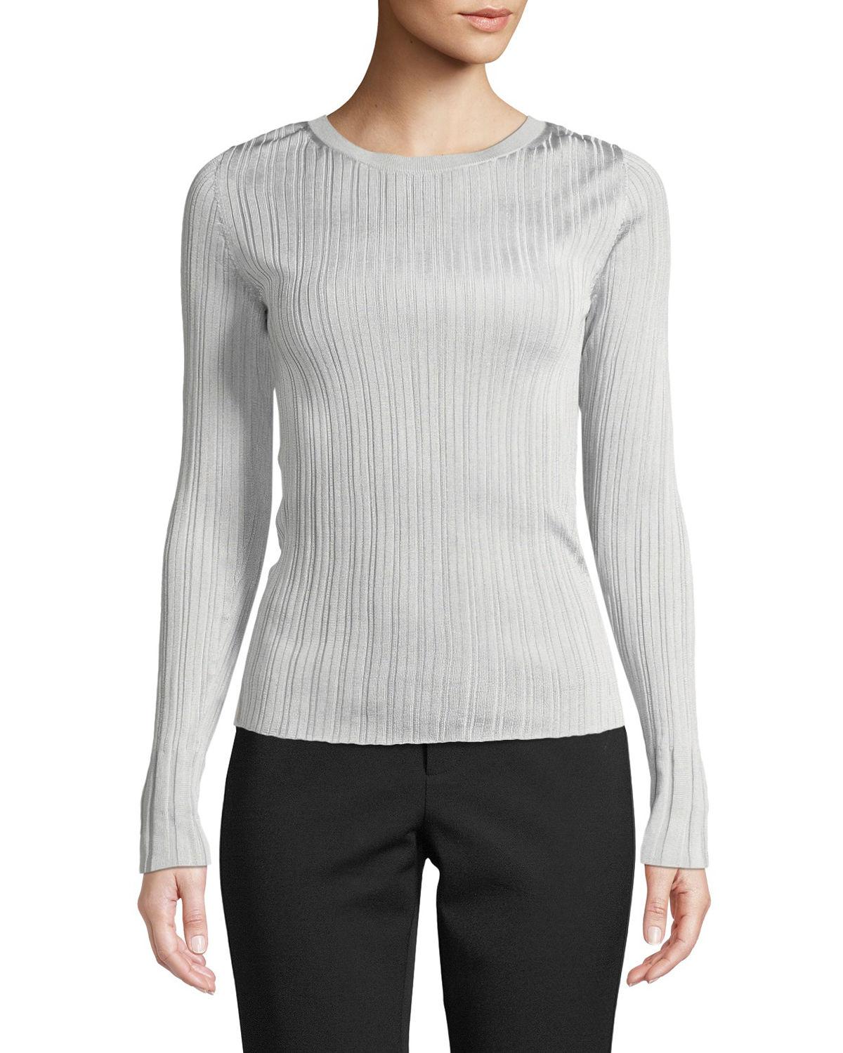Lyst - Vince Ribbed Viscose Long-sleeve Crewneck Sweater Top in Metallic
