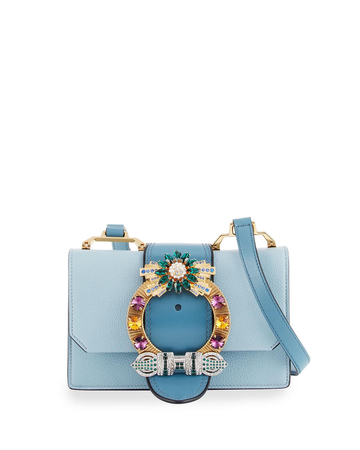 Lyst Miu Lady Jeweled Madras Leather Shoulder Bag In Blue Gallery
