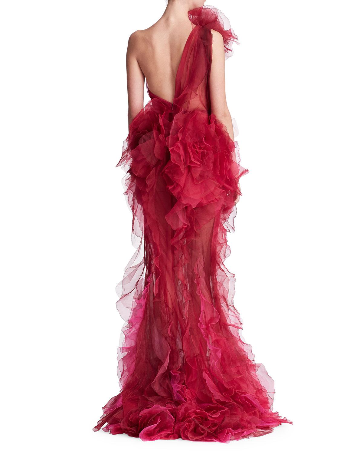 Lyst - Marchesa One-shoulder Ruffled Silk Organza Tulle Evening Gown W