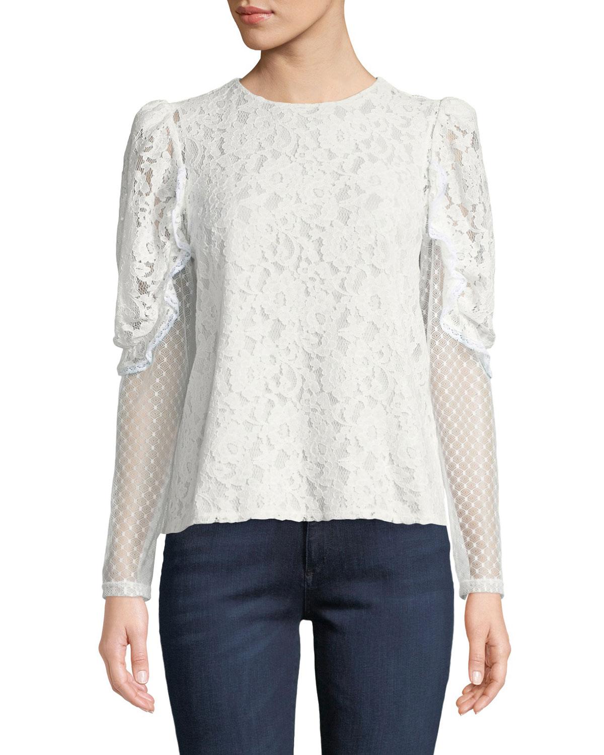 Lyst - See By Chloé Long-sleeve Lace Ruffle Crewneck Blouse in White
