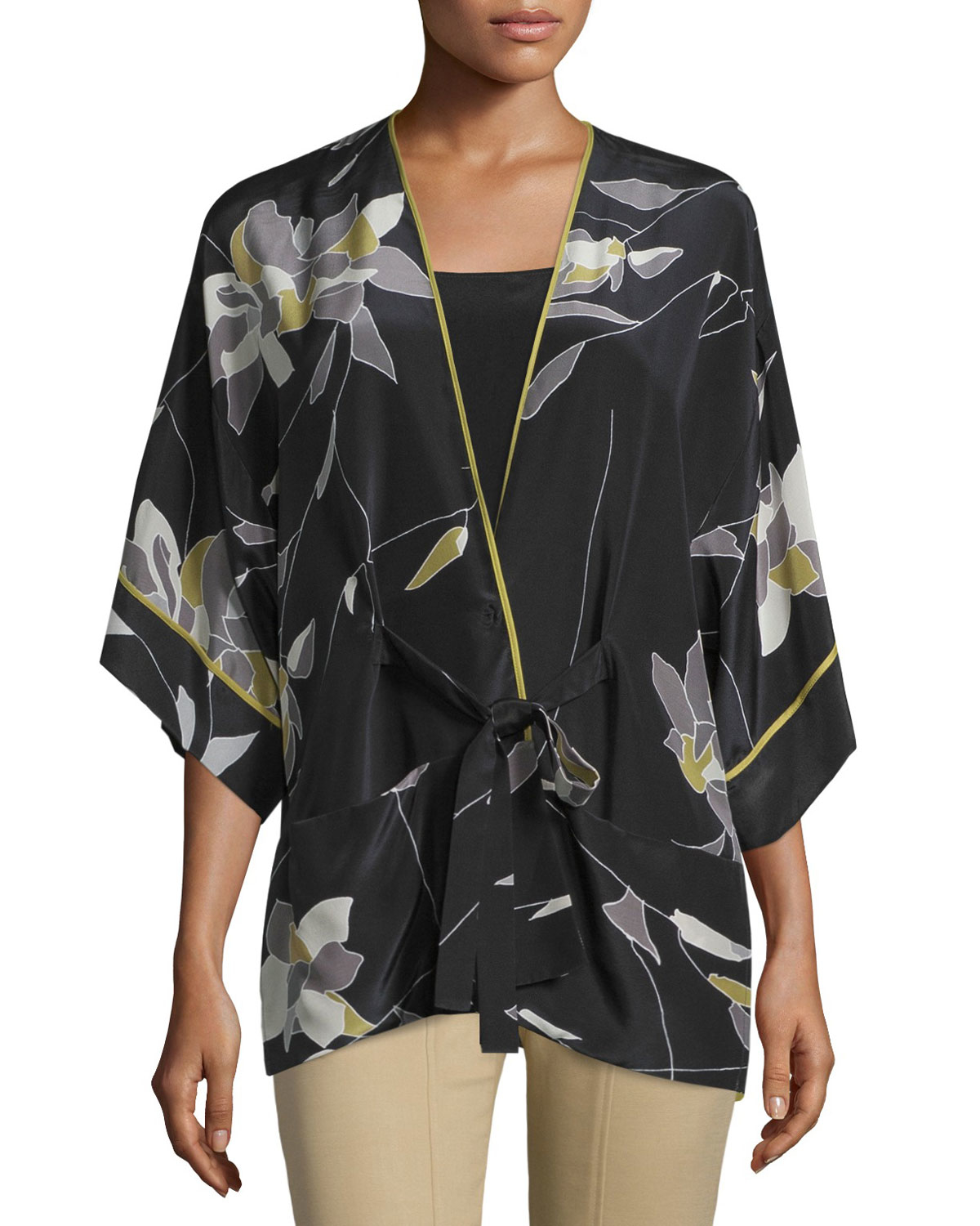 Halston Short-sleeve Belted Kimono Top in Black | Lyst