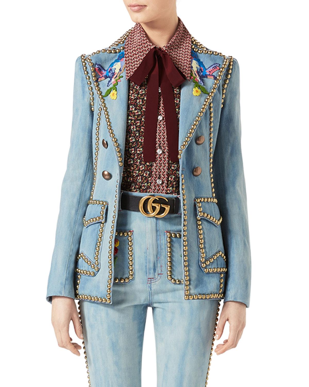 Lyst - Gucci Embroidered Denim Jacket With Studs in Blue