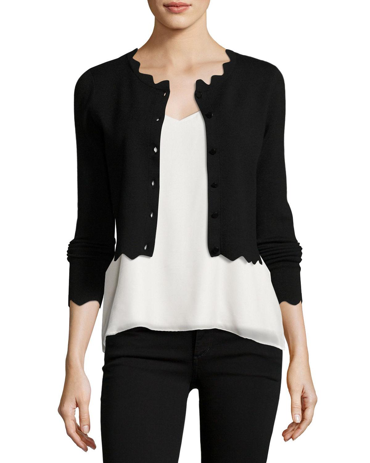 Lyst Milly Scalloped Cropped  Cardigan  in Black