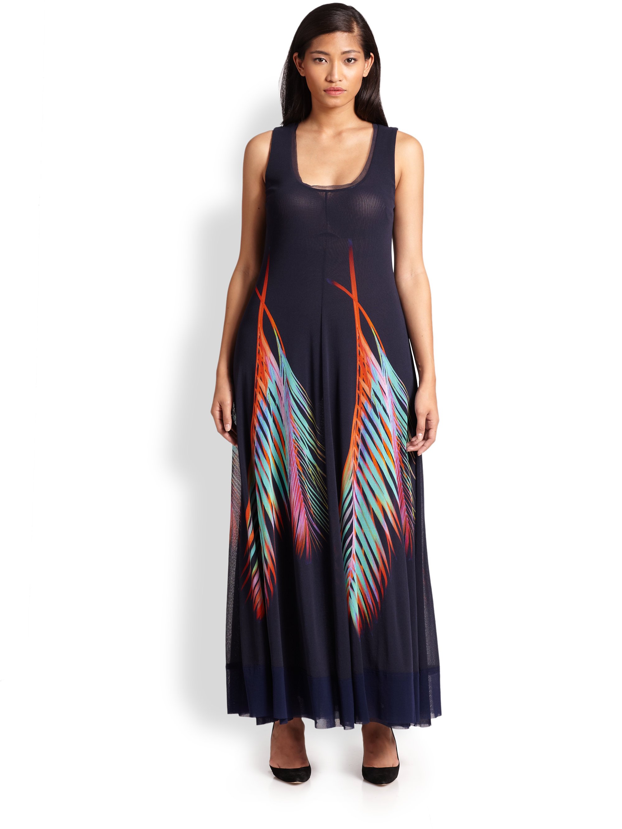 Lyst - Fuzzi Fern-print Tulle Maxi Dress in Black