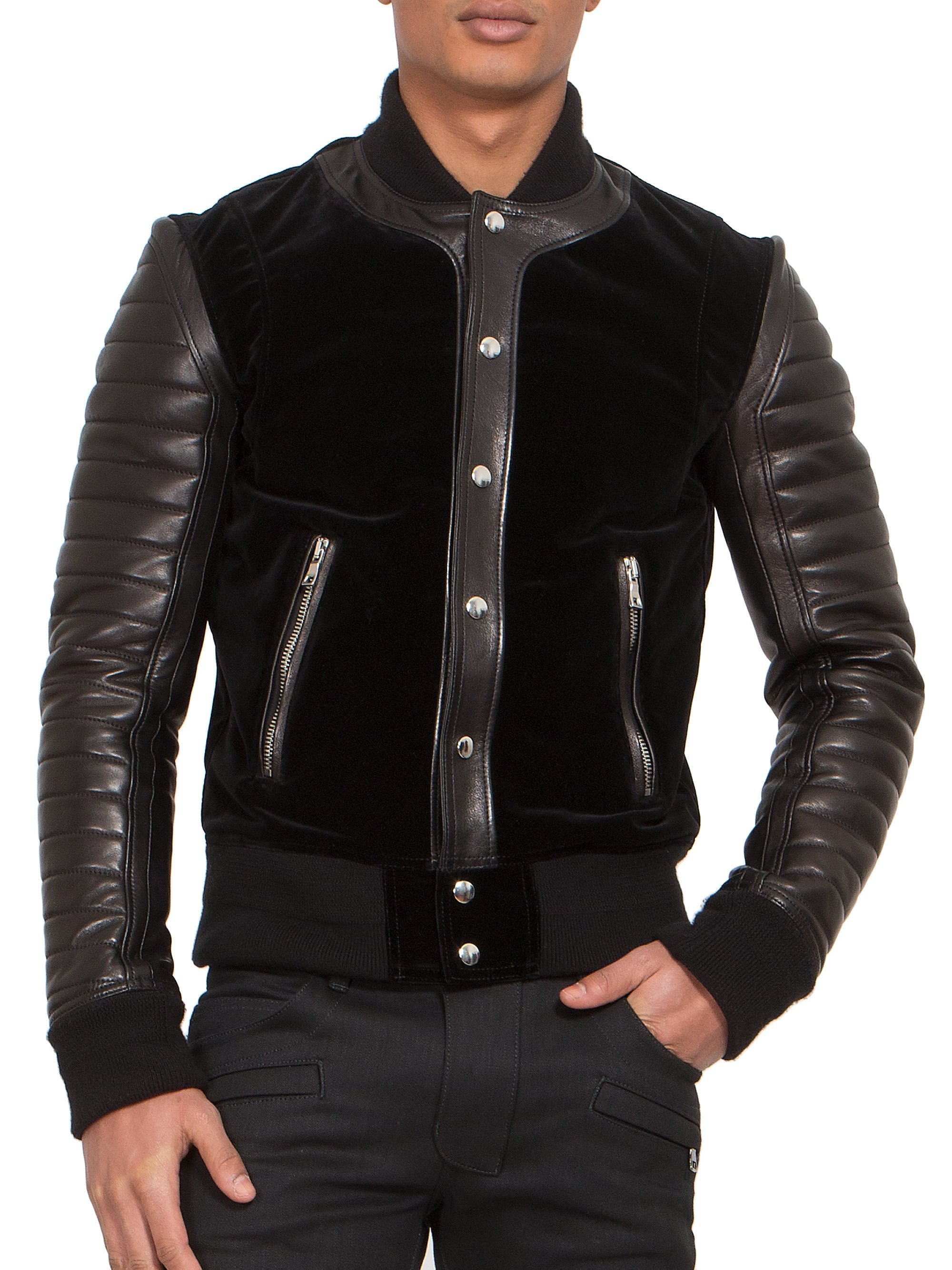 Lyst - Balmain Leather & Velvet Biker Jacket in Black for Men