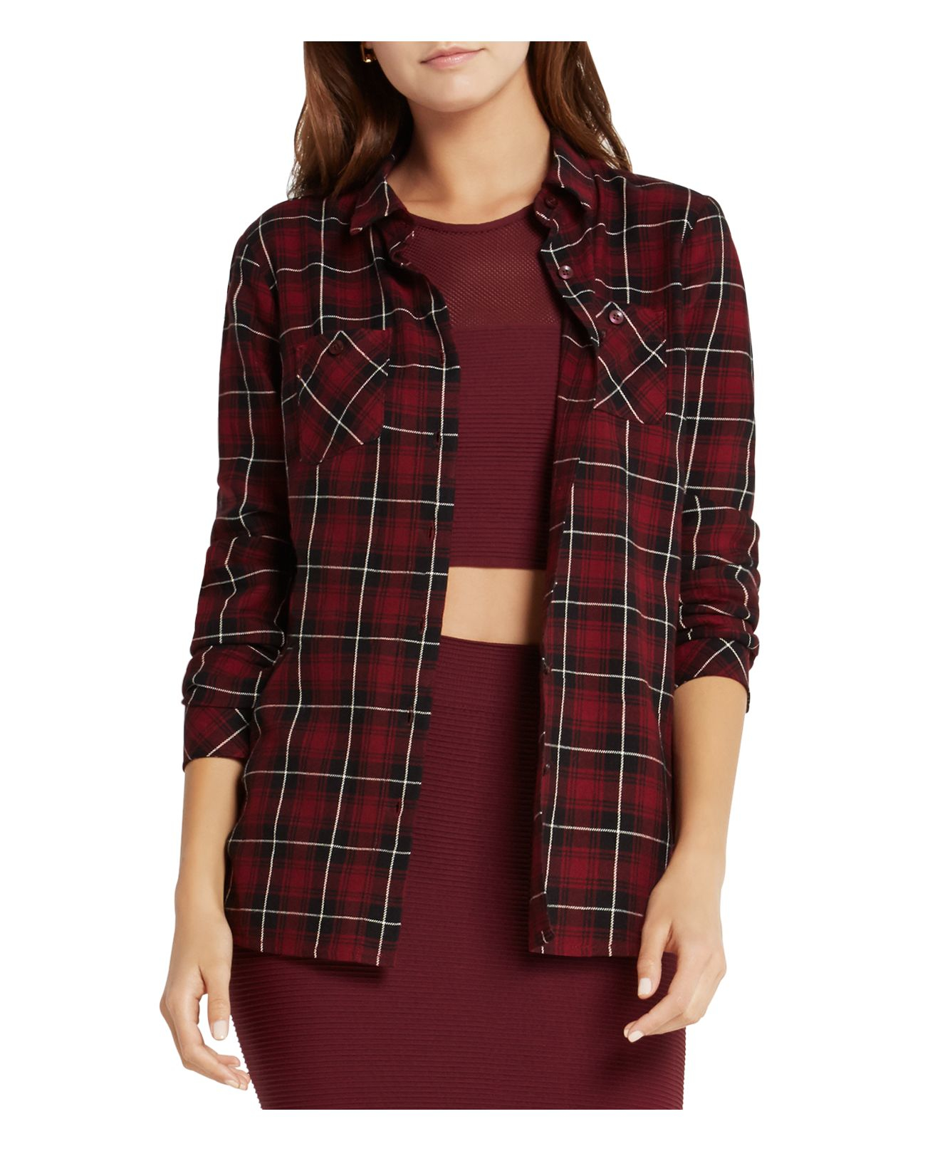 red plaid button up