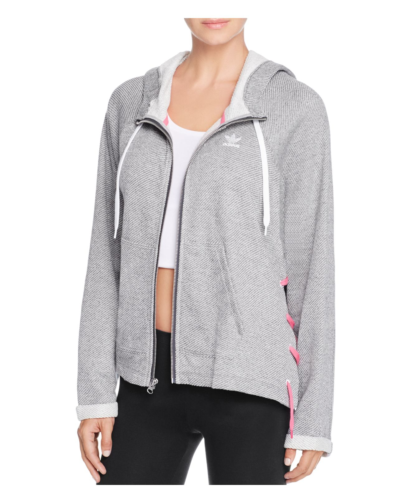adidas Originals Cotton Lace Up Hooded Knit Jacket in Gray Lyst