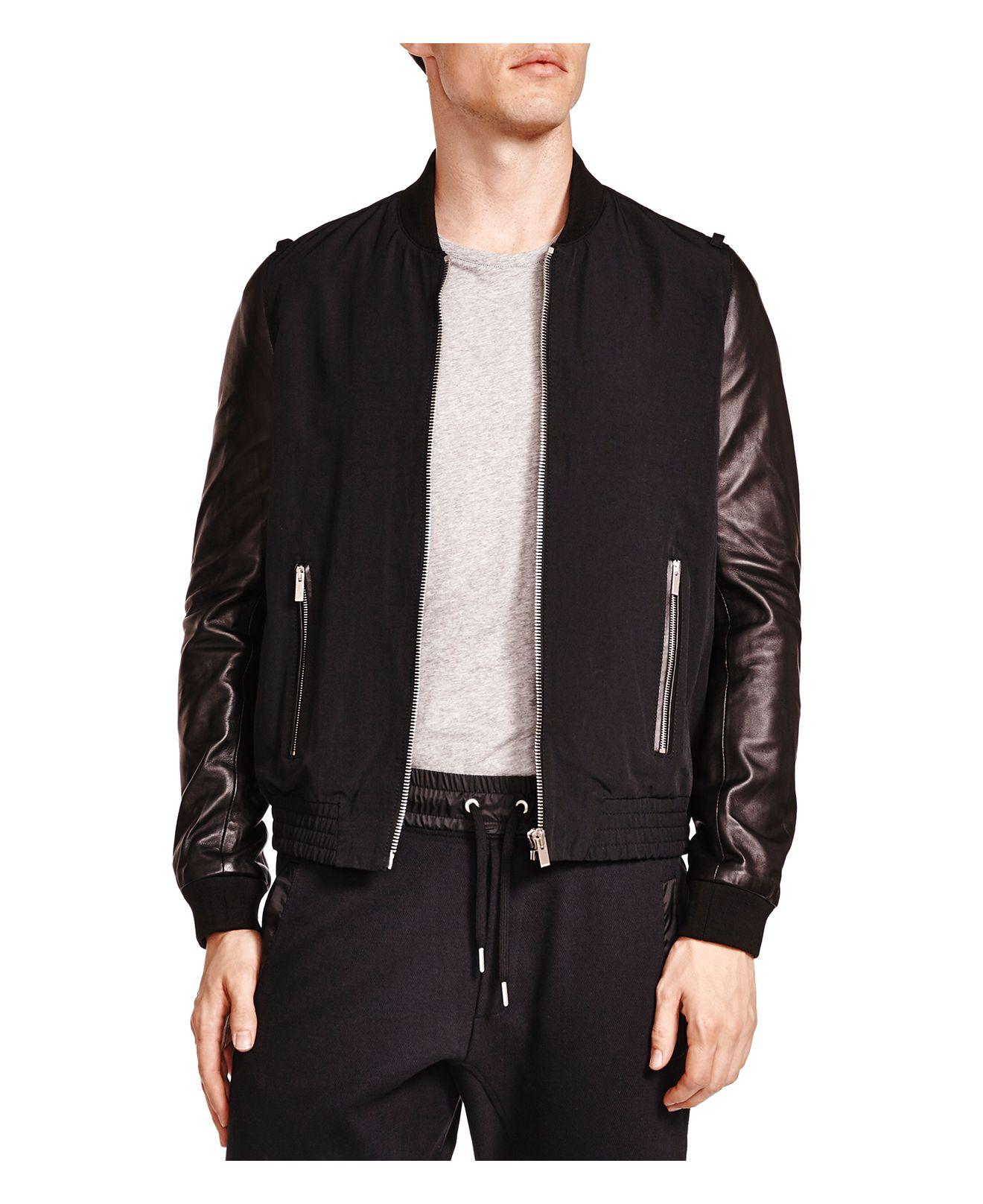 Lyst - The Kooples Slippery Technical Mixed Media Bomber Jacket in Blue ...