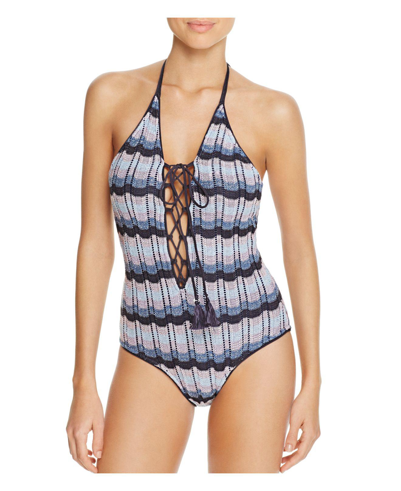 Lyst Suboo Denim Knit Halter Onepiece Swimsuit in Blue