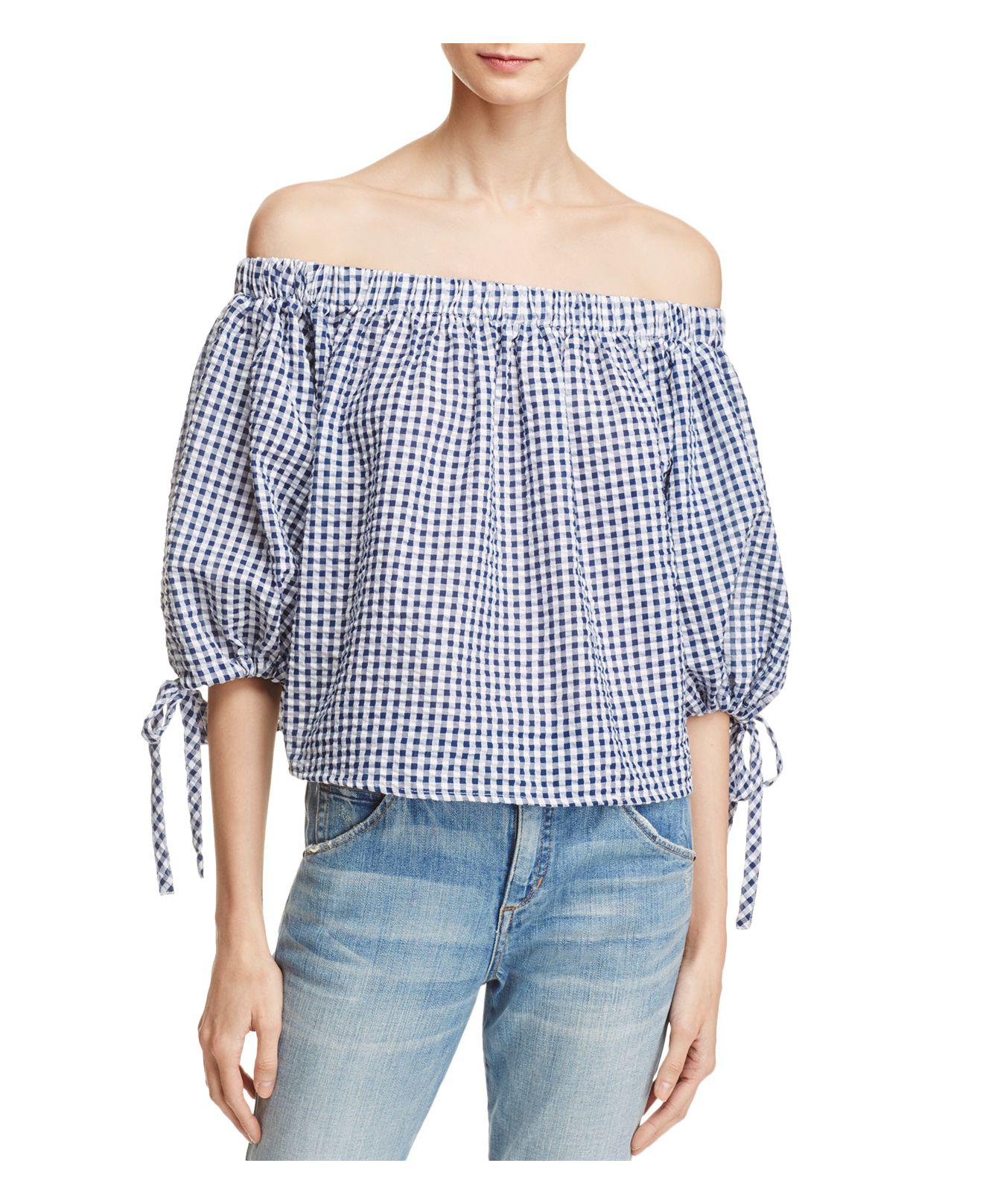 Lyst Aqua Gingham Offtheshoulder Tie Sleeve Top in Blue