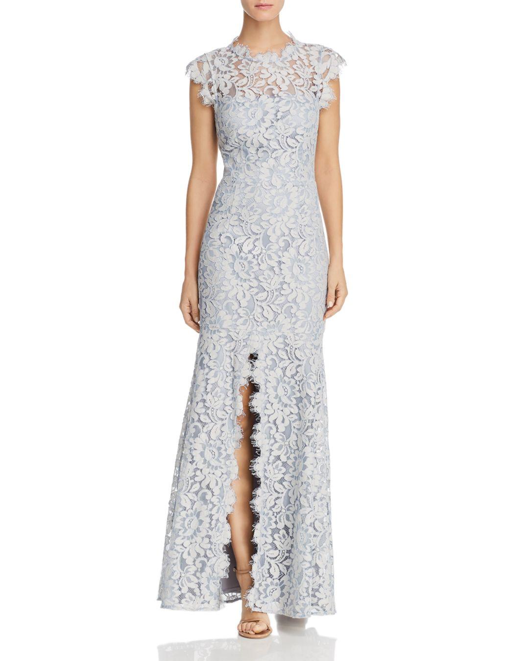 Eliza J Scallop Slit Lace Cap Sleeve Hi-neck Gown in Blue - Lyst