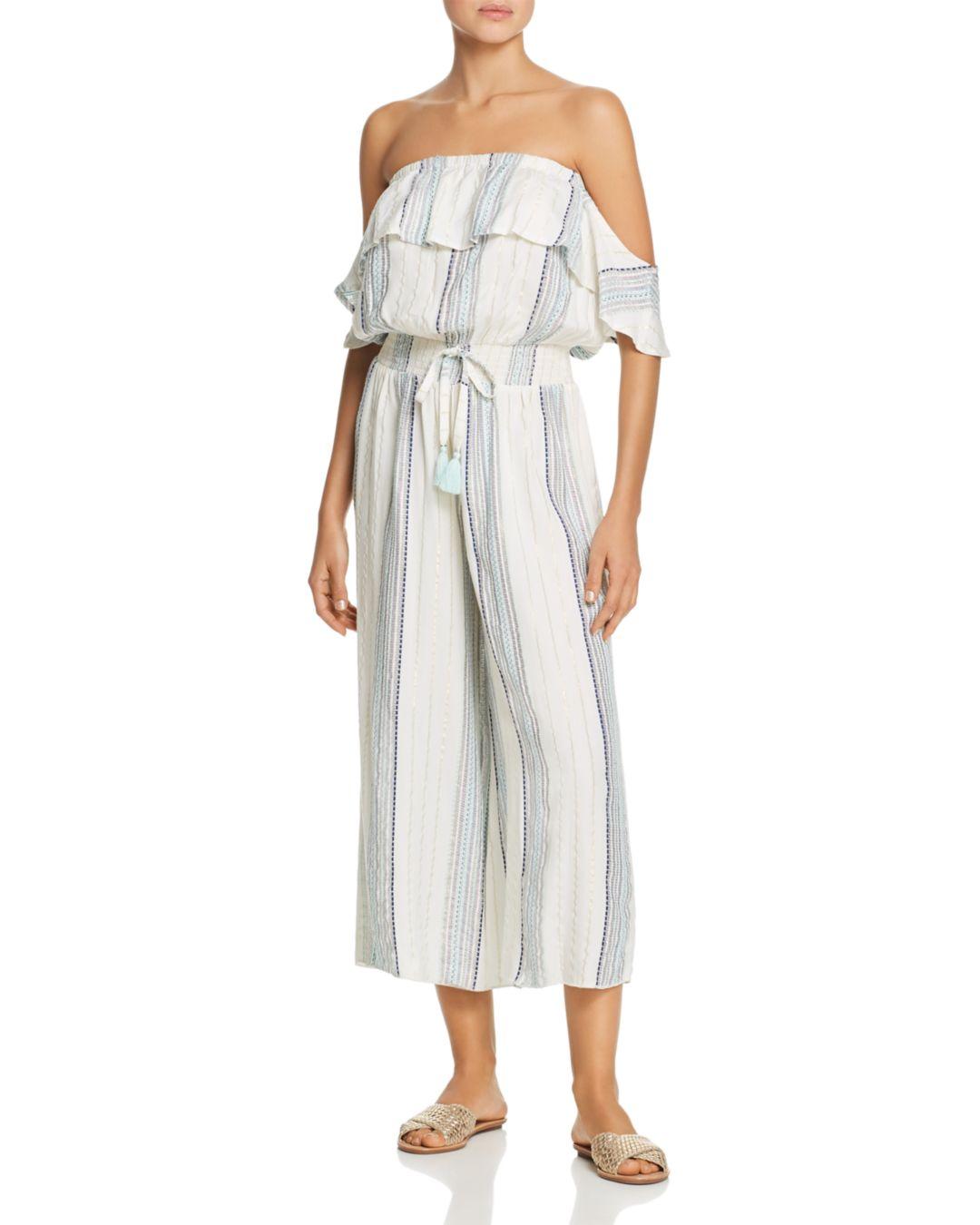 Surf Gypsy Metallic Striped Ruffle Off The Shoulder Jumpsuit Swim