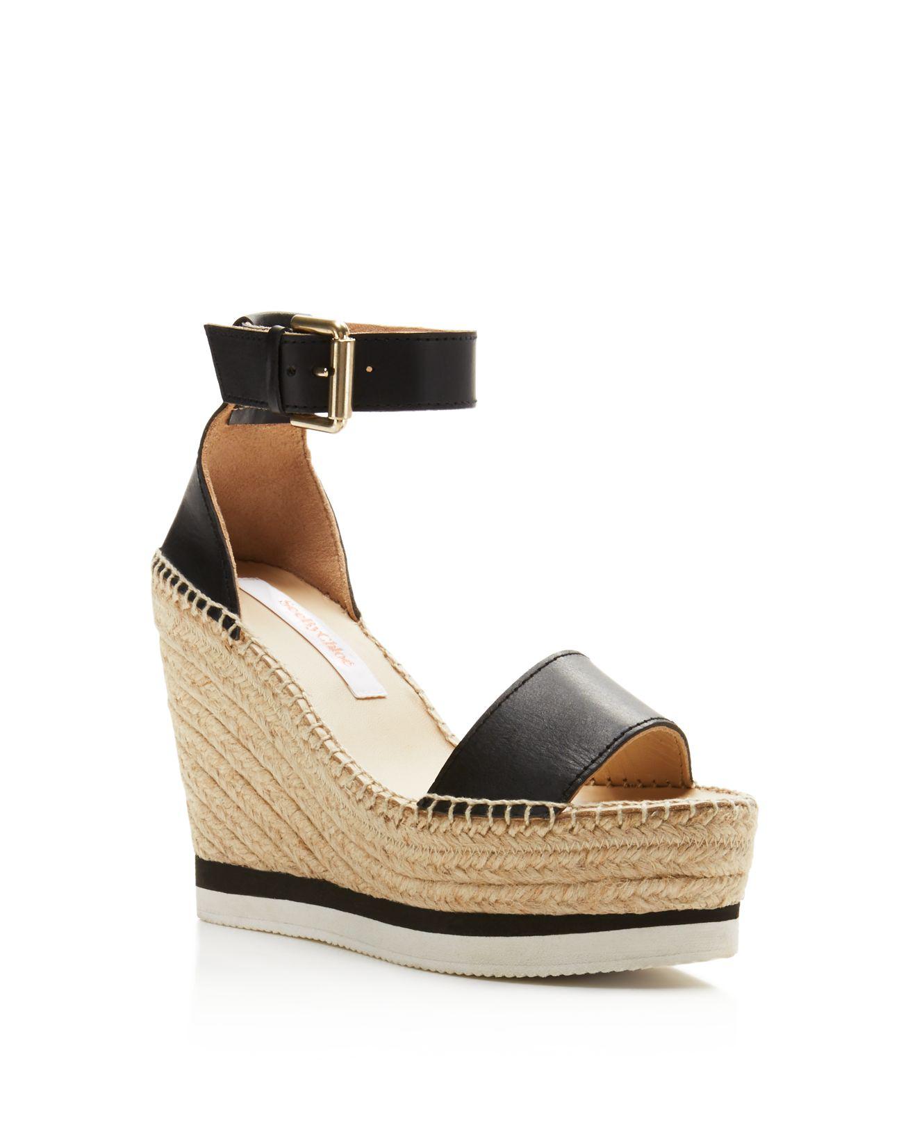 Lyst - See By Chloé Glyn Leather Espadrille Platform Wedge Ankle Strap ...