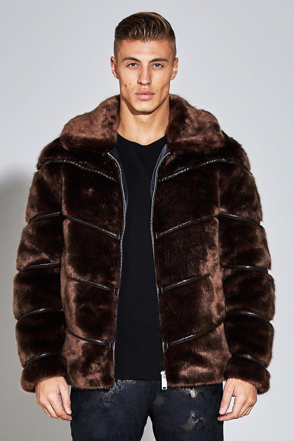 Boohooman Premium Faux Fur Harrington Trucker Jacket In Brown For Boohooman Men S Brown Premium Faux Fur Harrington Trucker Jacket