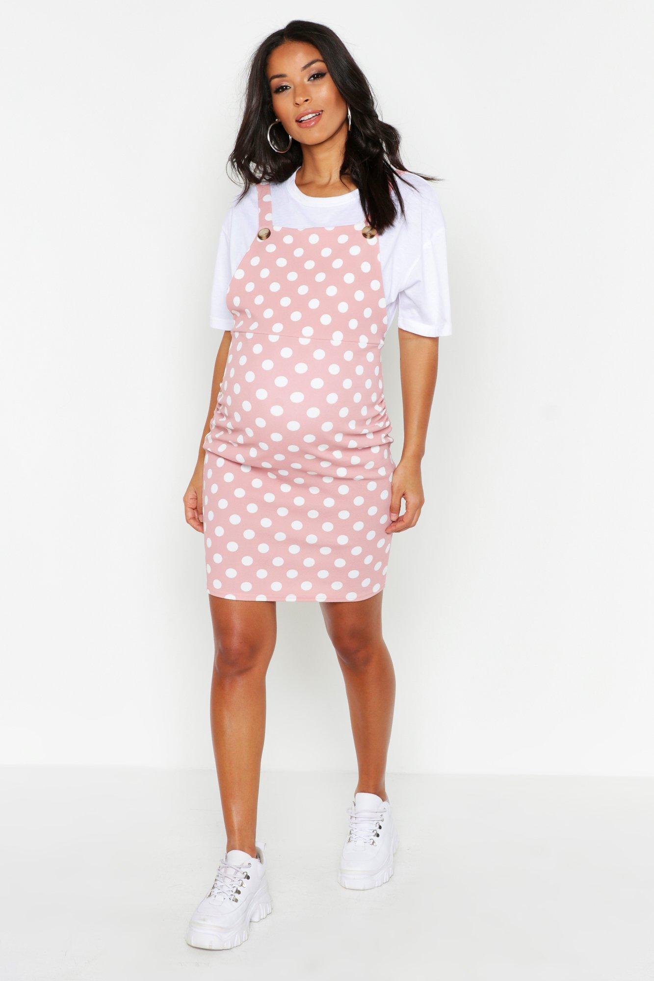 Boohoo Maternity Polka Dot Pinafore Dress In Pink Lyst 