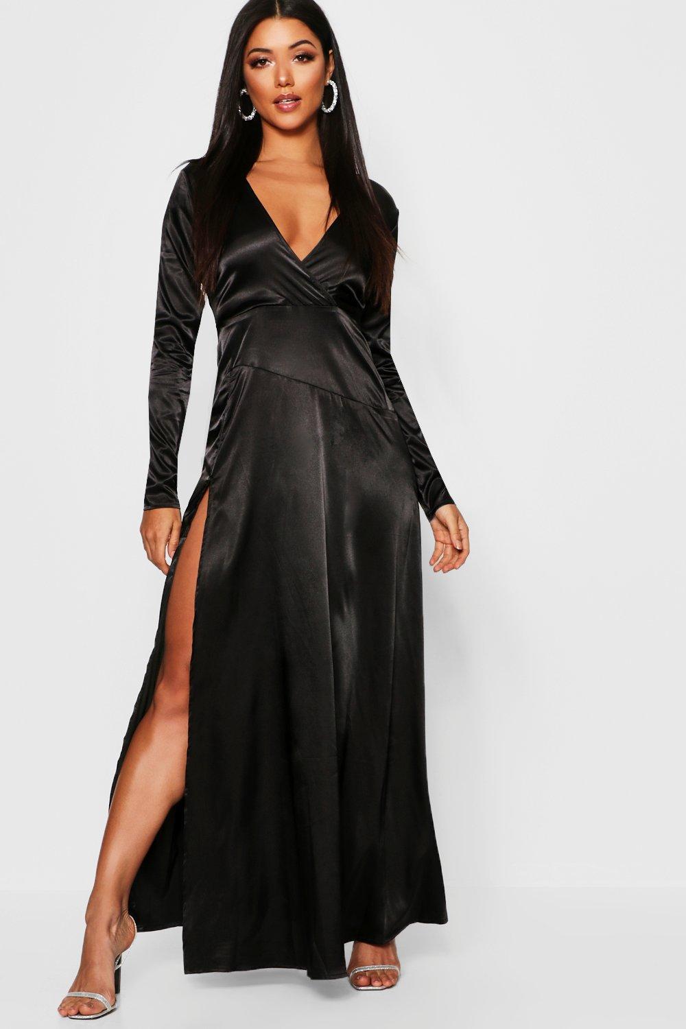 black satin mini dress long sleeve