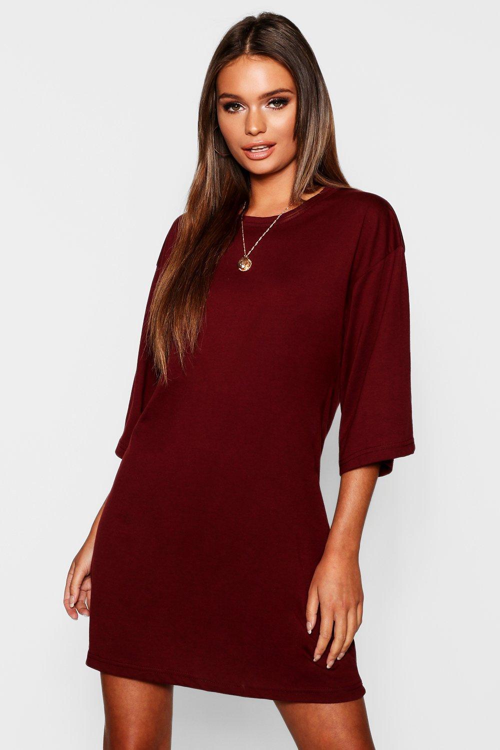 Boohoo Cotton Oversized 3/4 Sleeve T-shirt Dress in Red - Lyst
