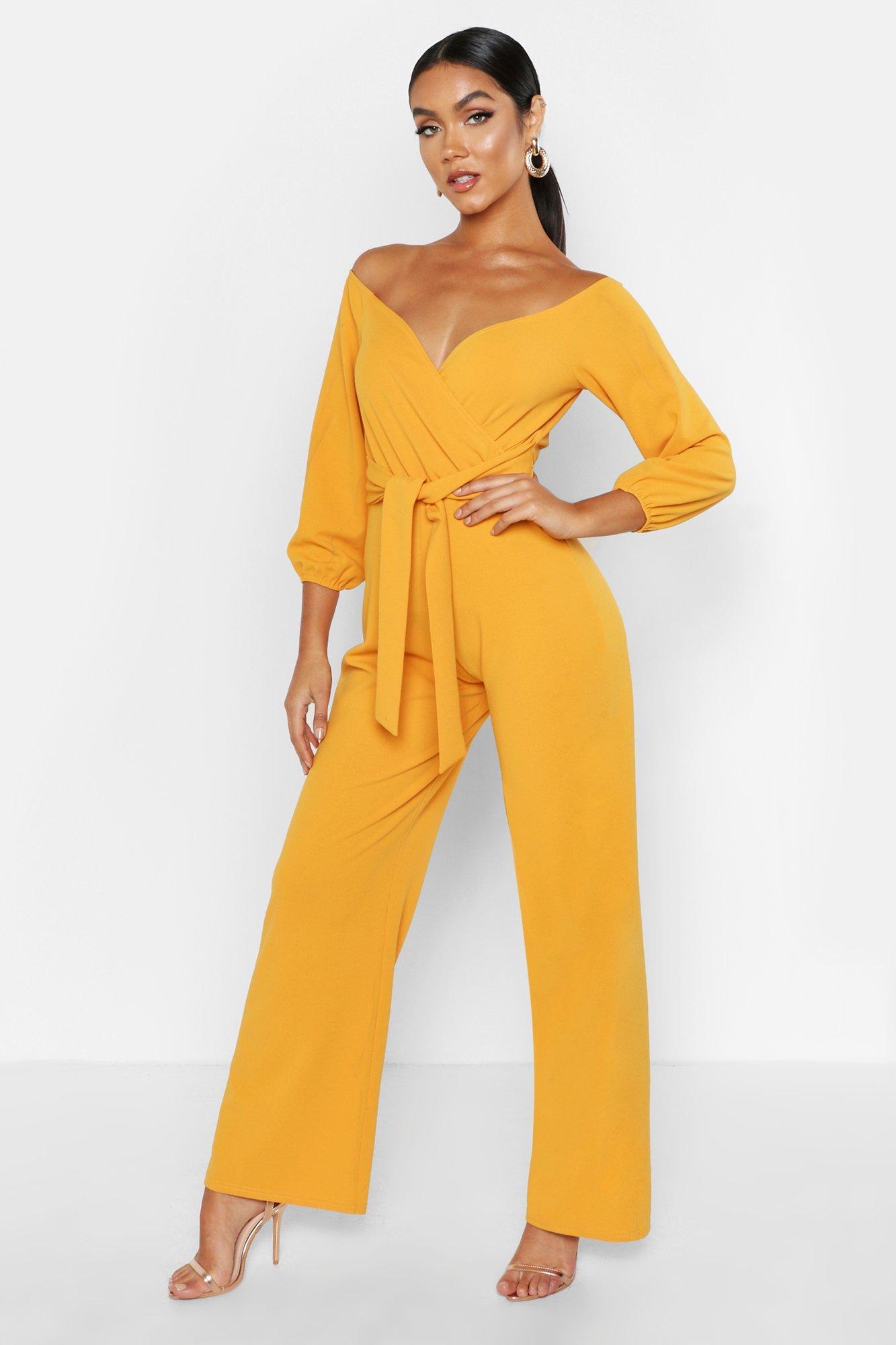 Boohoo Off The Shoulder Wide Leg Jumpsuit in Yellow - Lyst