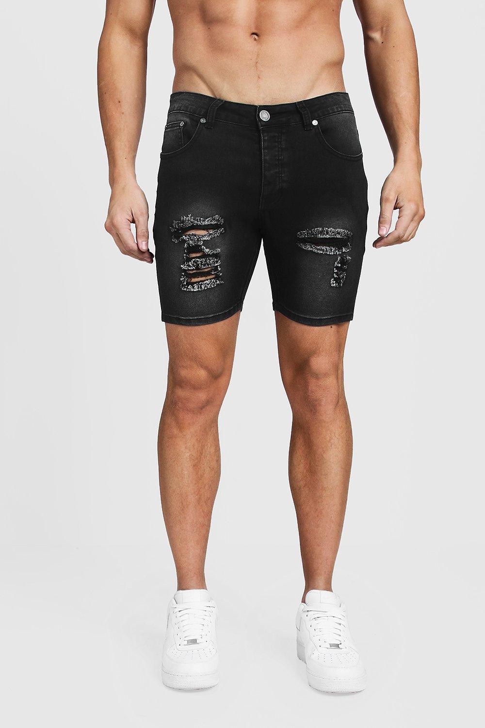 Boohoo Skinny Fit Denim Shorts With Distressing in Black for Men Lyst