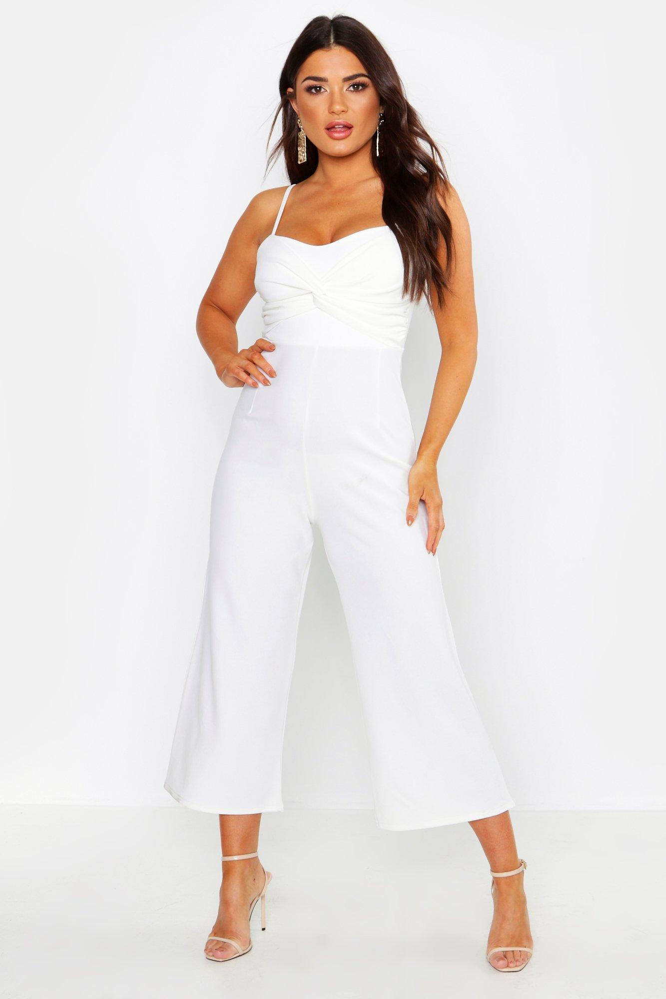 Boohoo Twist Front Culotte Jumpsuit in White - Lyst