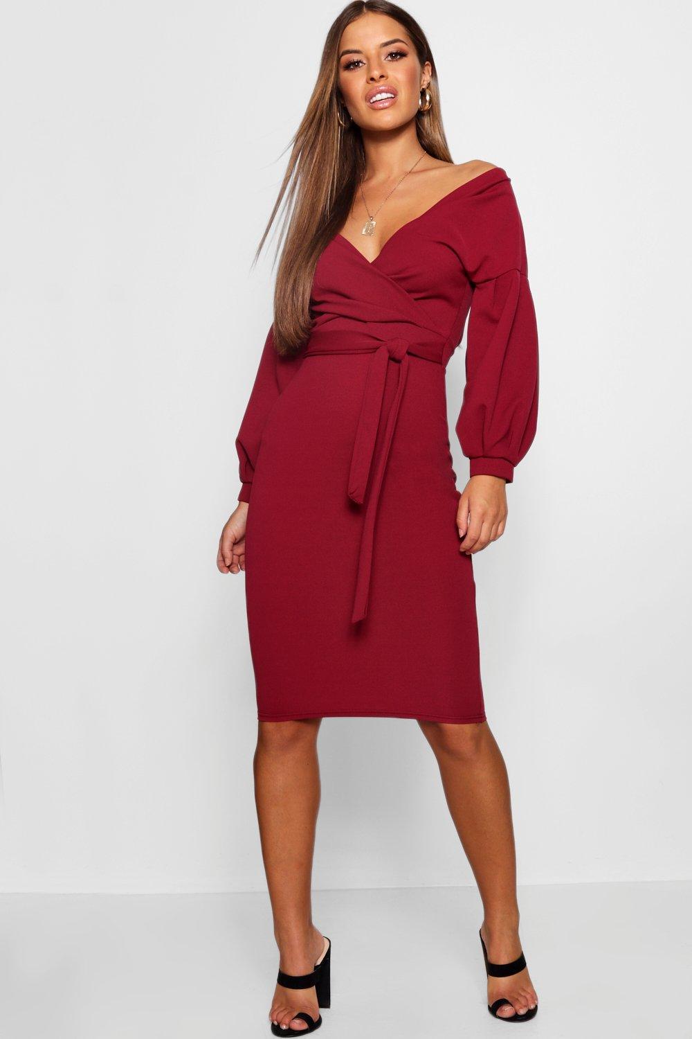 Lyst - Boohoo Petite Off The Shoulder Wrap Midi Dress in Red