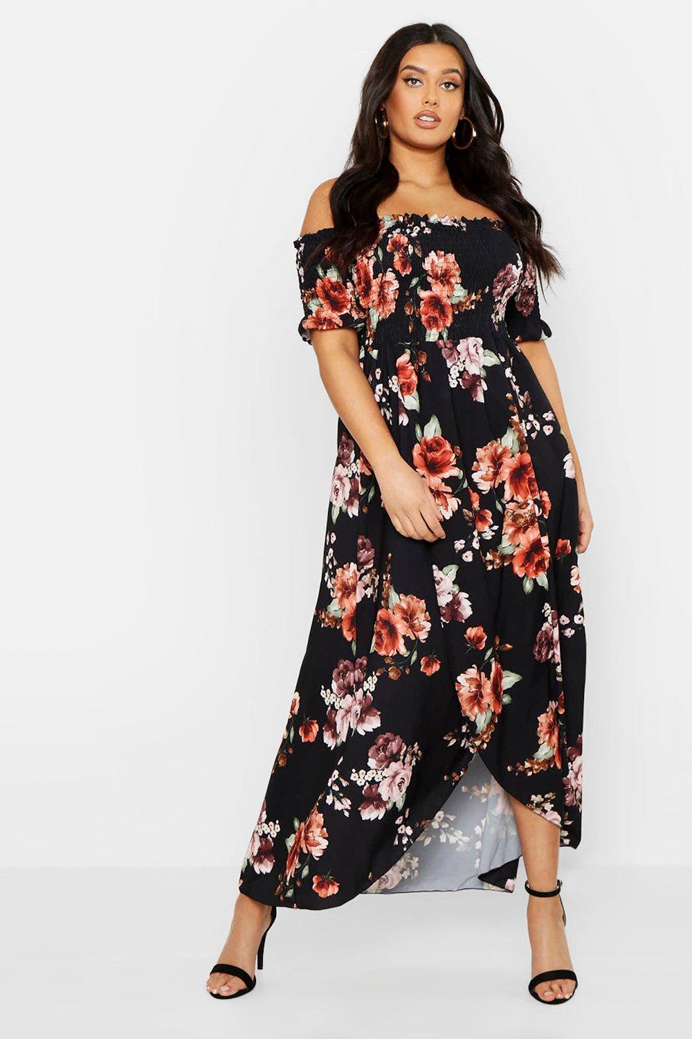 Boohoo Plus Floral Off Shoulder Maxi Dress in Black - Lyst