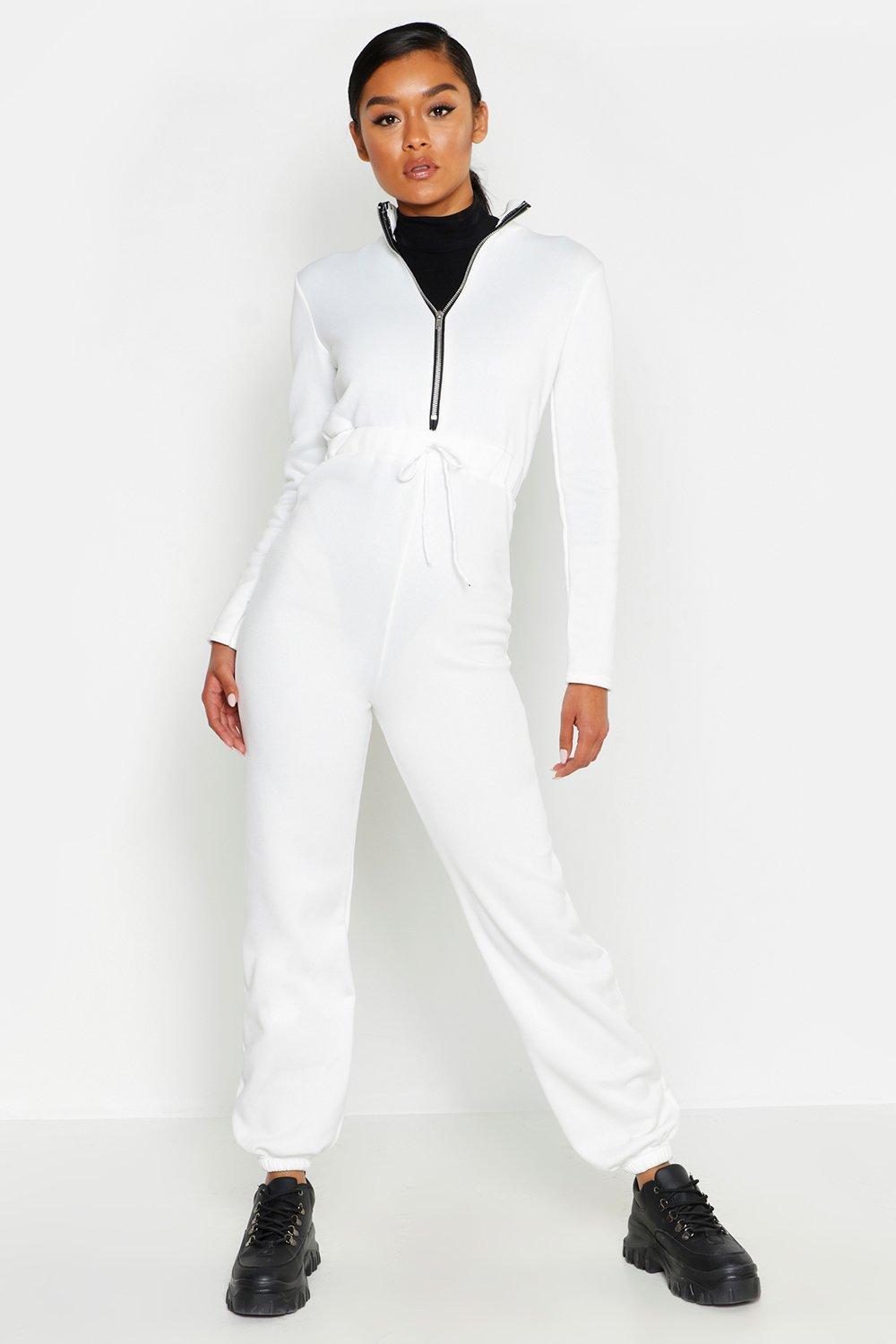 Boohoo Womens Zip Up Elastic Waist Jogger Jumpsuit - White ...