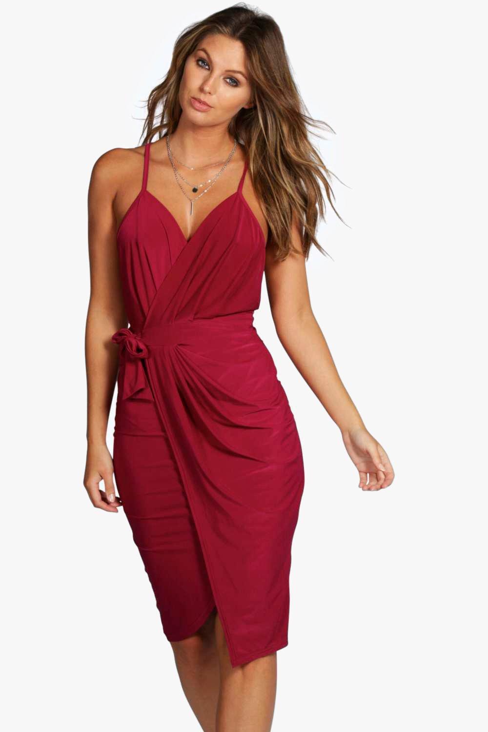 Lyst - Boohoo Wrap Over Exposed Side Detail Slinky Midi Dress in Red