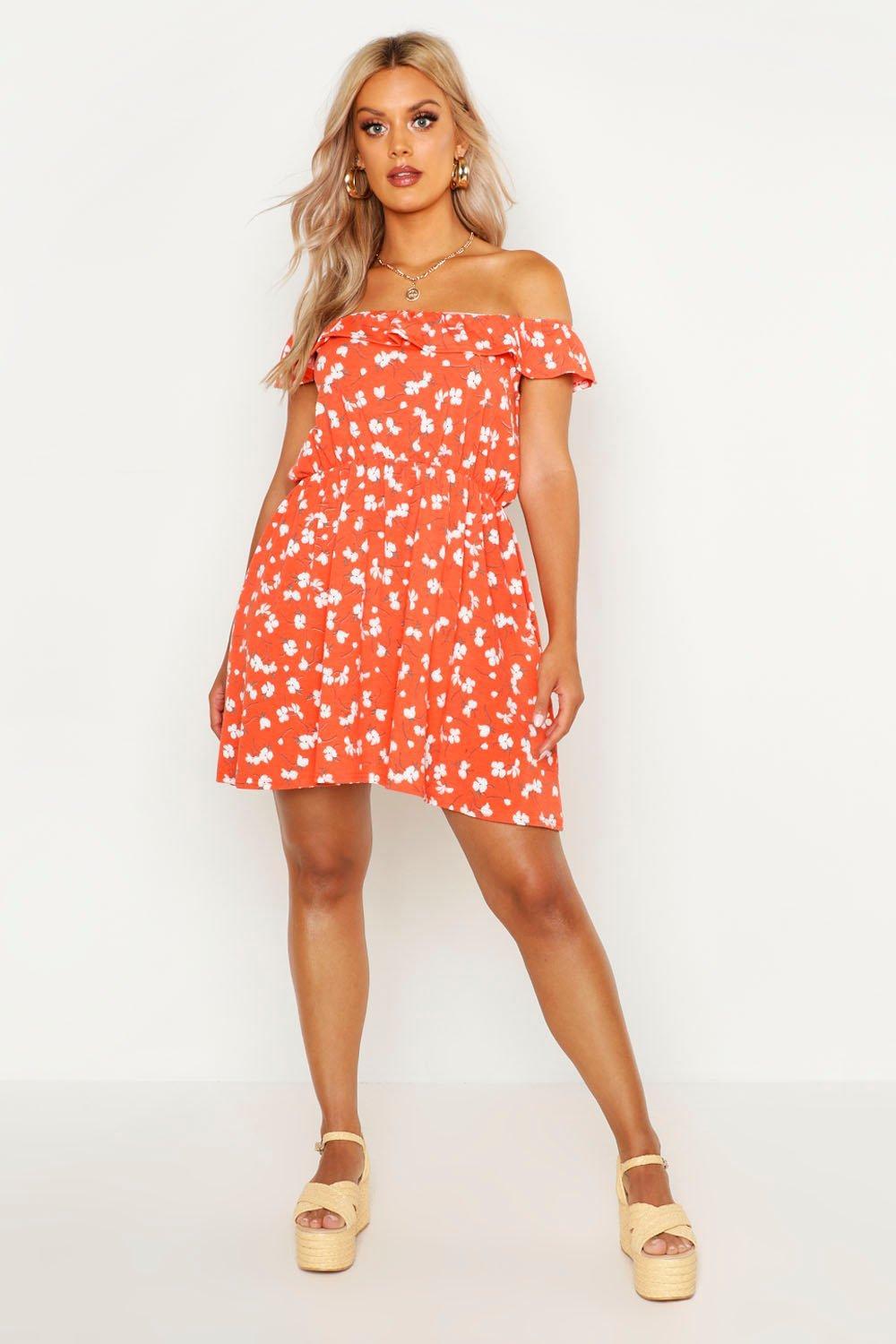 red off the shoulder dress boohoo