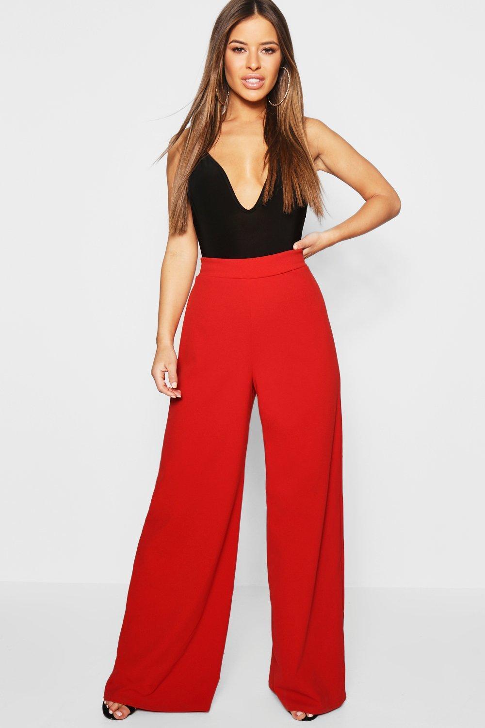 Boohoo Petite High Waisted Wide Leg Pants in Red - Lyst