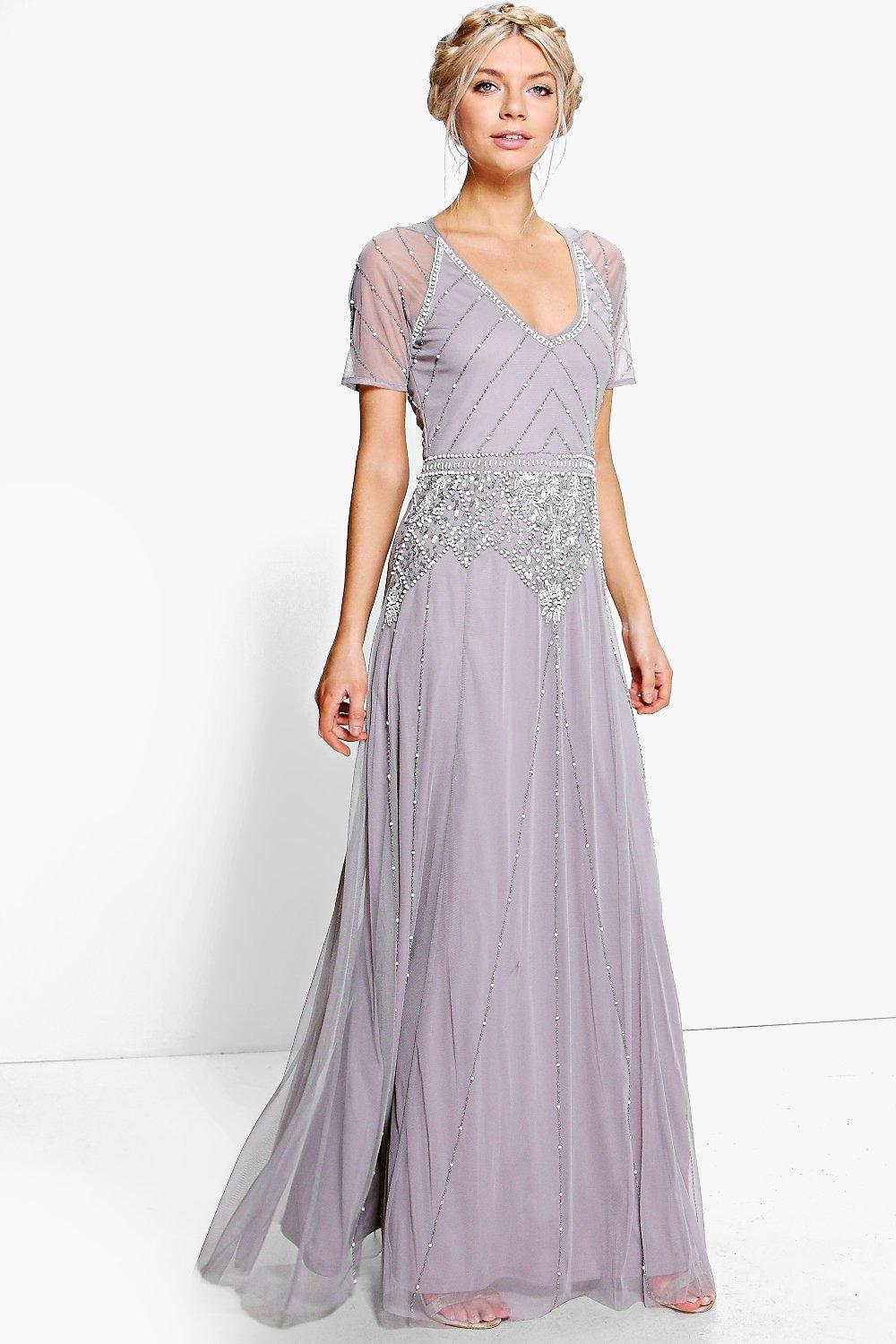  Boohoo  Boutique Mai Beaded Cap Sleeve Maxi Dress  in Gray  