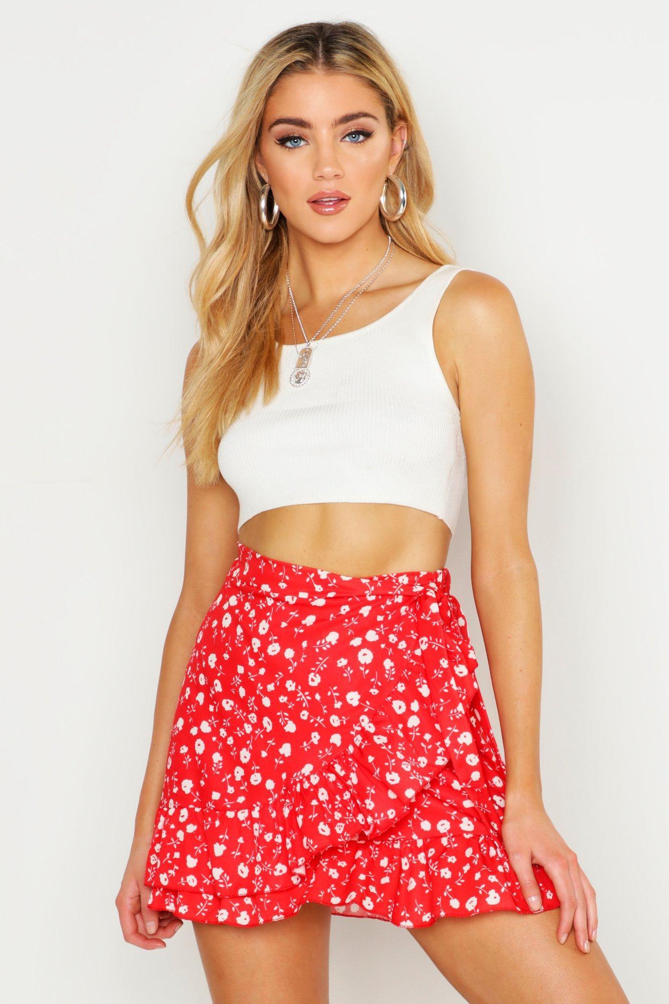  Boohoo  Ditsy Floral Ruffle Hem Wrap Mini Skirt  in Red  Lyst