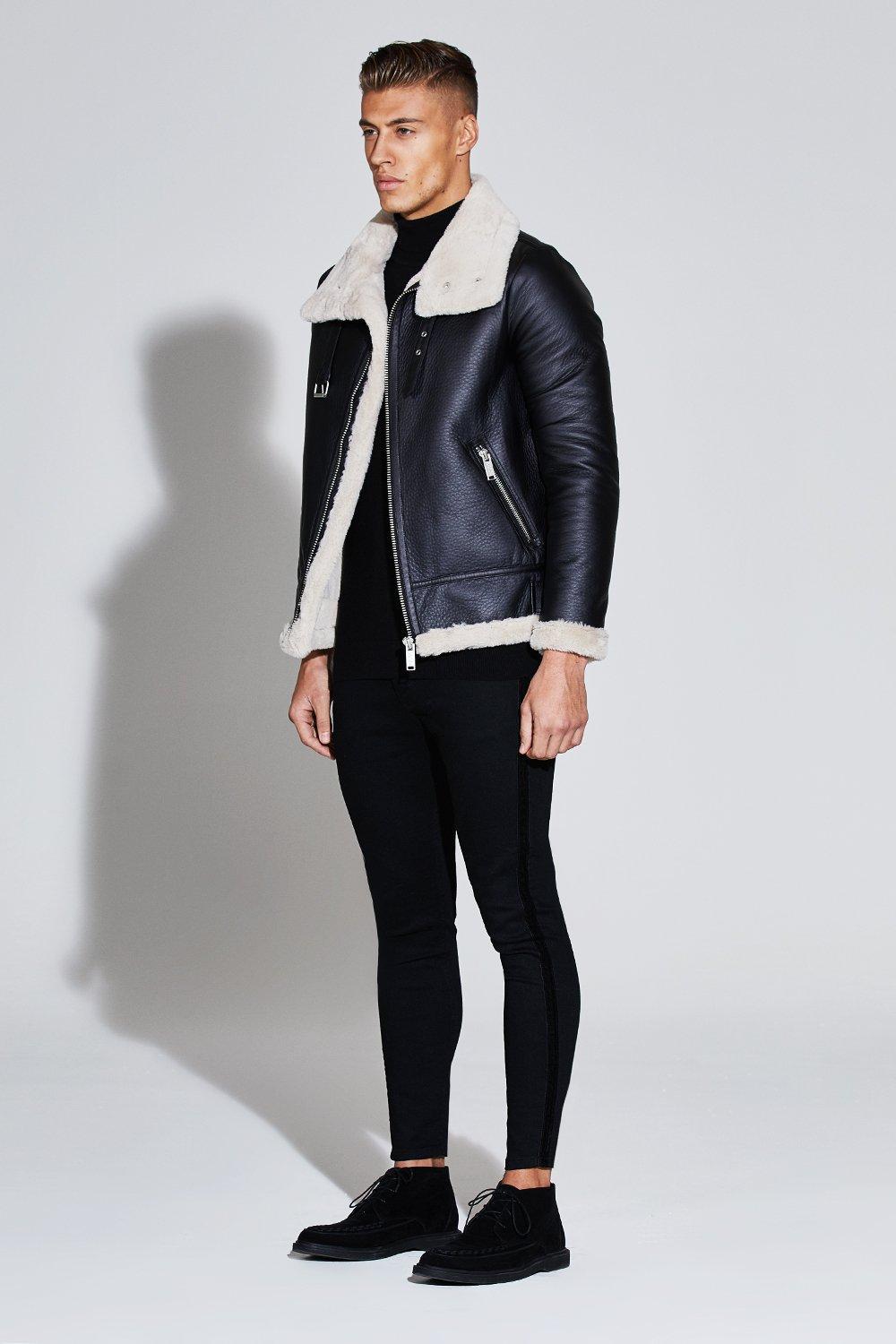 Boohooman Premium Oversized Faux Leather Flight Jacket In Black For Gallery