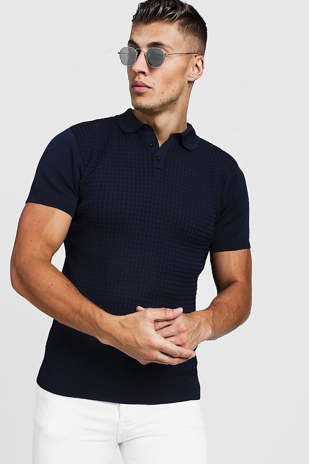 BoohooMAN Muscle Fit Cable Knit Polo in Blue for Men - Lyst