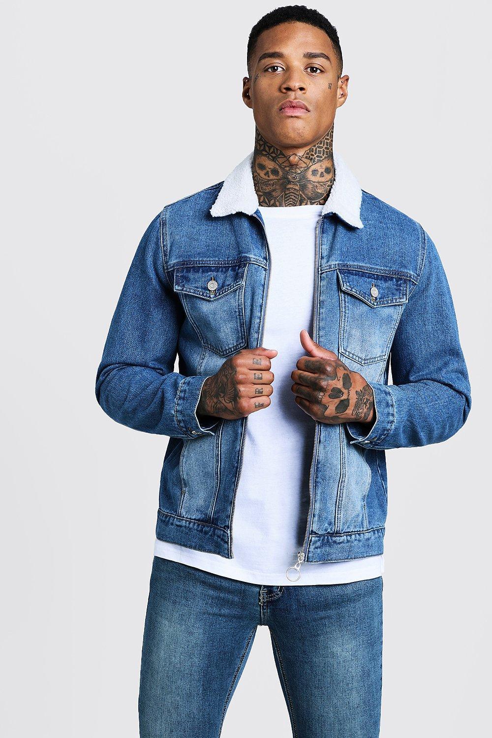 BoohooMAN Mid Blue Denim Jacket With Borg Collar in Blue for Men - Lyst