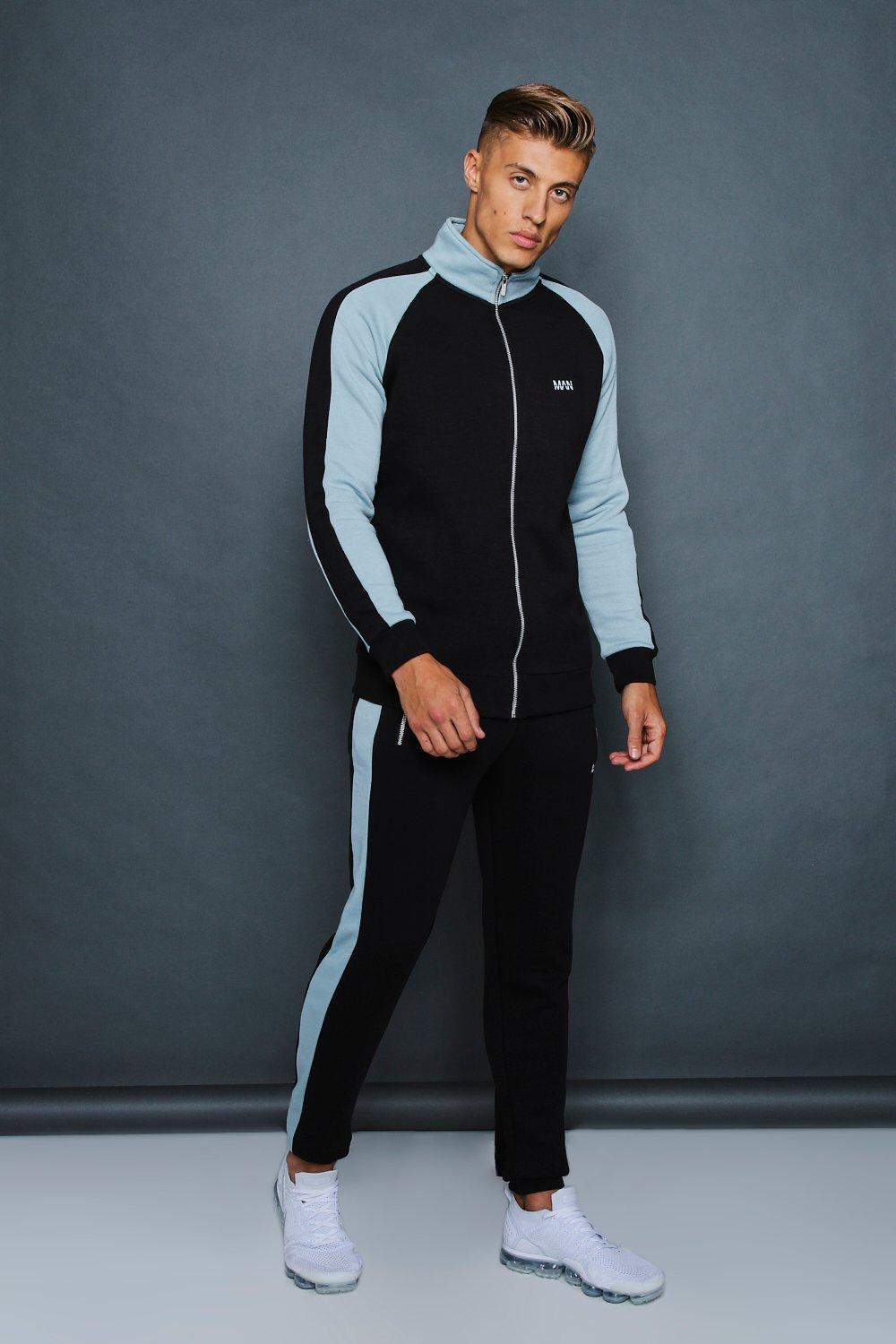 BoohooMAN Skinny Fit Funnel Neck Contrast Panel Tracksuit in Black for ...