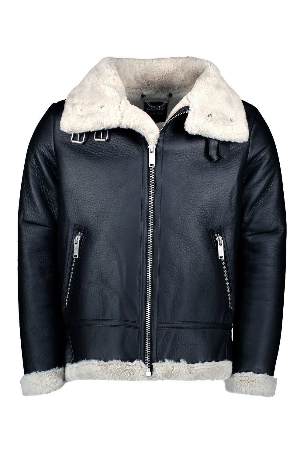 Boohooman Premium Oversized Faux Leather Flight Jacket In Black For Gallery