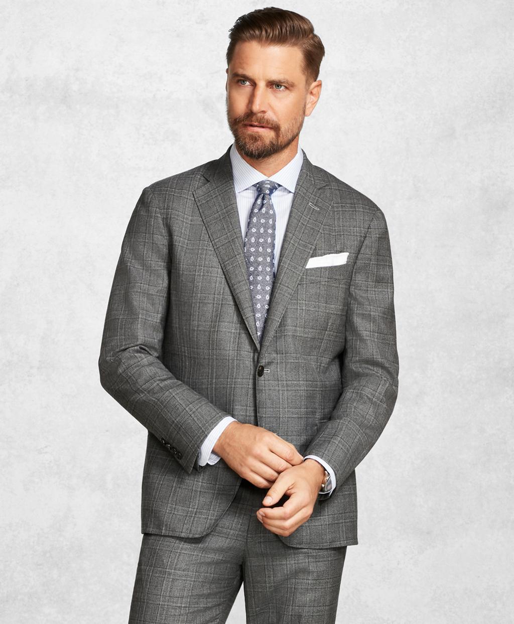 Brooks Brothers Wool Golden Fleece Brookscloudtm Medium Grey Plaid Suit ...