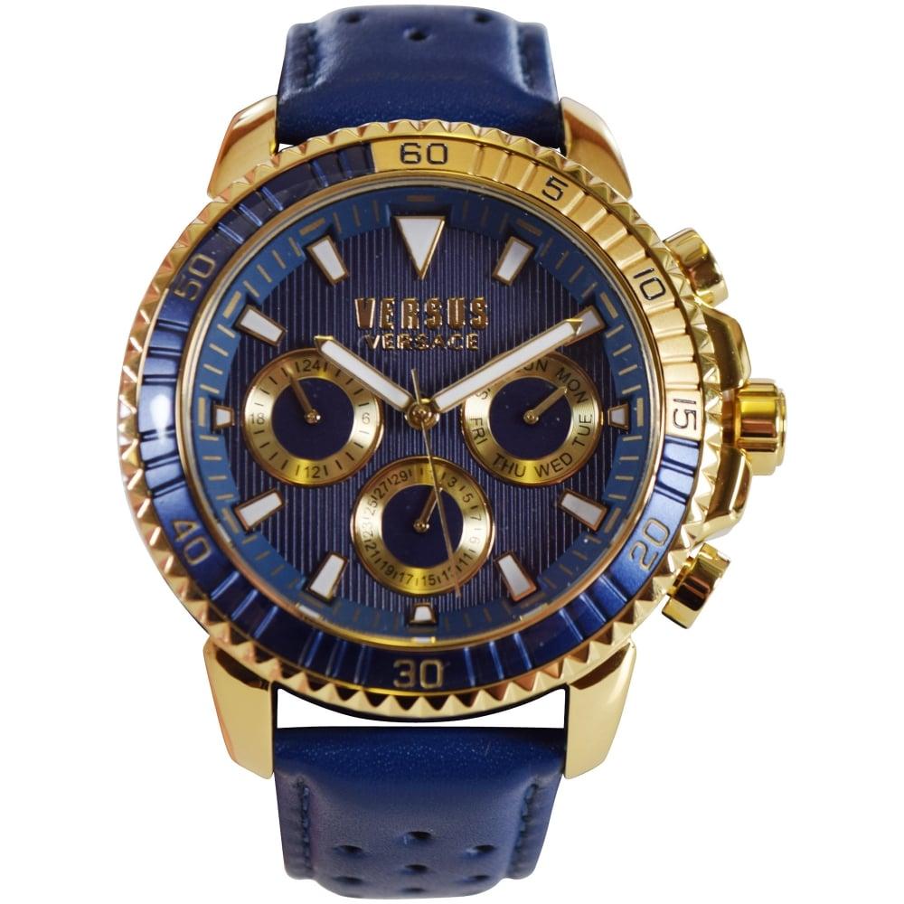 Versace Leather Versus Navy Aberdeen Chronograph Gold Watch in Blue for