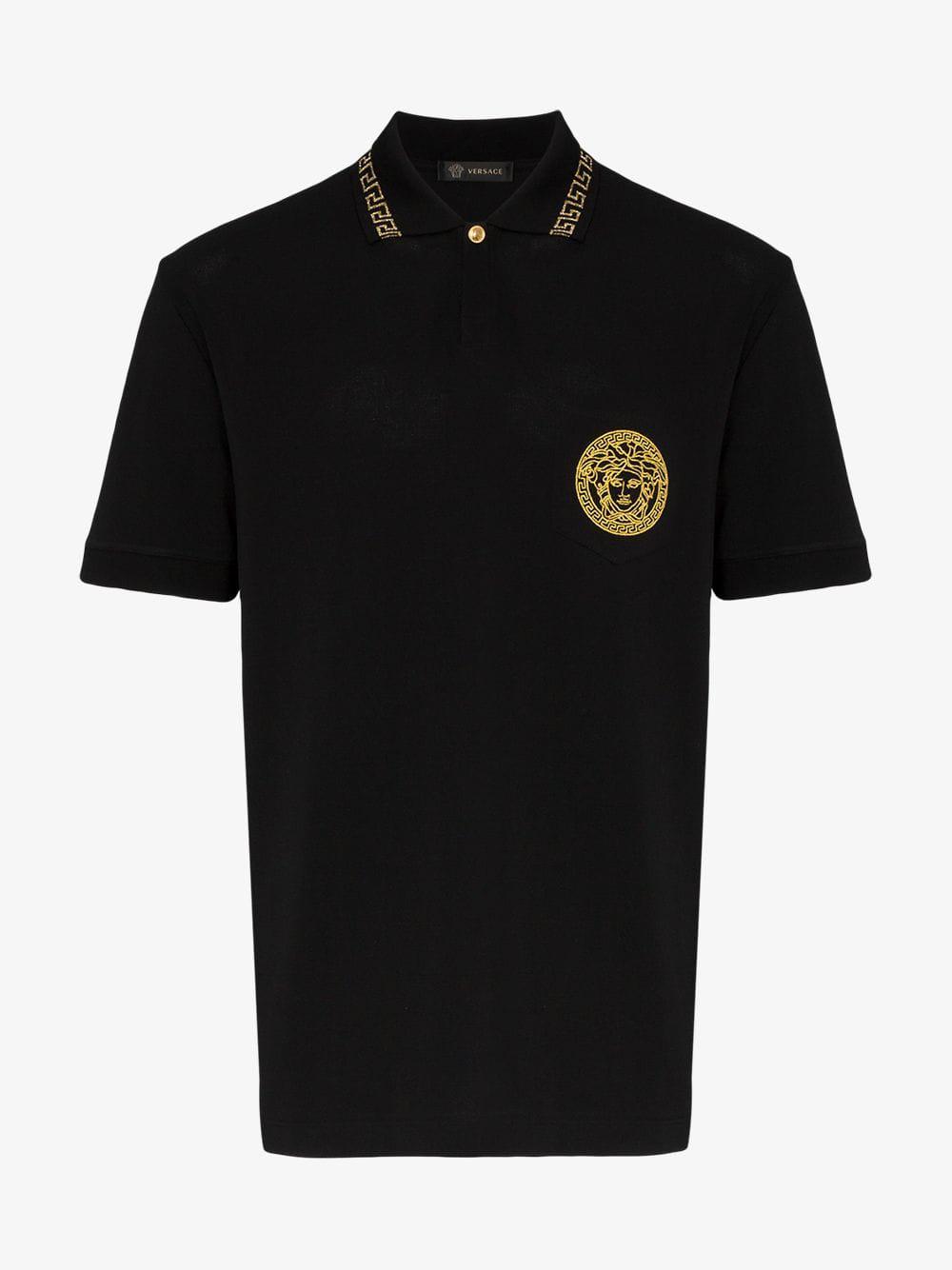 Versace Medusa Embroidered Cotton Polo Shirt in Black for Men - Lyst