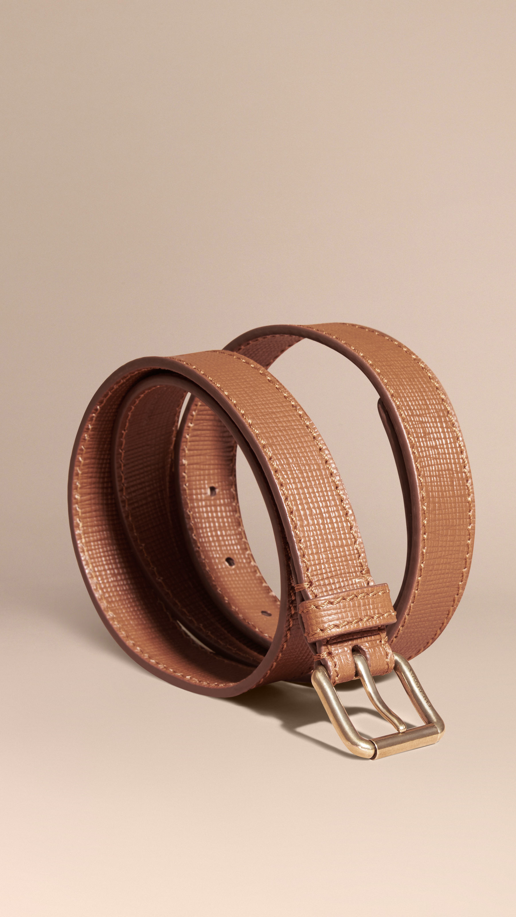 Burberry Textured Leather Belt With Topstitch Detail Dark Tan in Brown