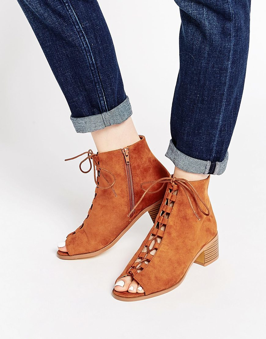 Lyst - Truffle Collection Lace Up Peep Toe Ankle Boots in Brown