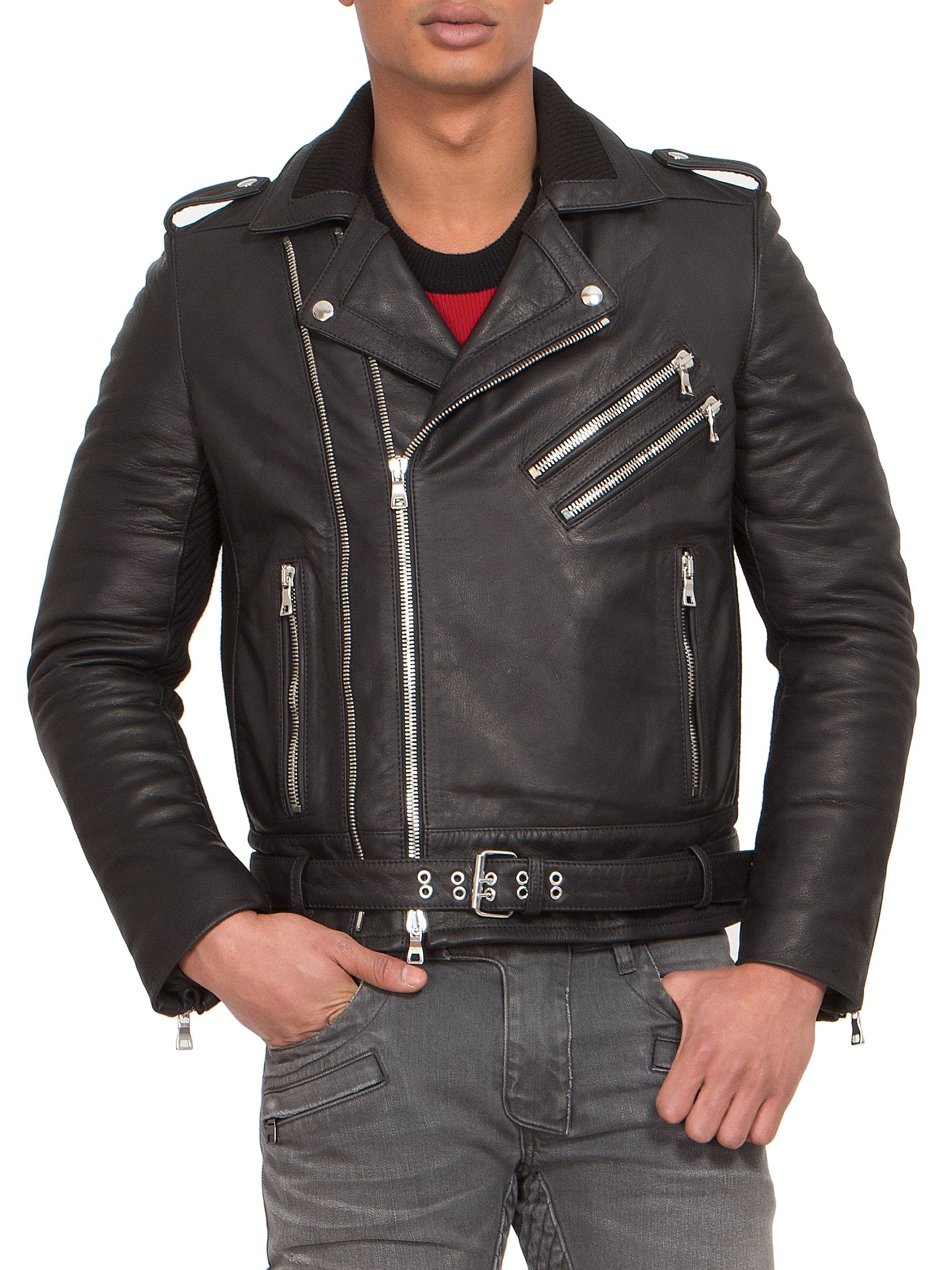 Balmain Leather Zip Biker Jacket in Black for Men | Lyst
