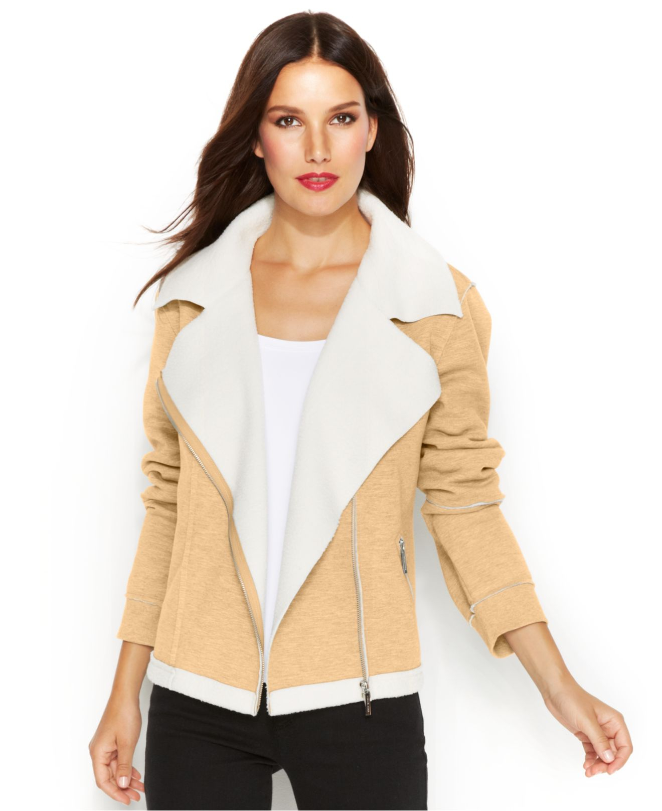 Michael kors Michael Petite Zip-Front Moto Sherpa Jacket in Beige (Dark Camel) | Lyst