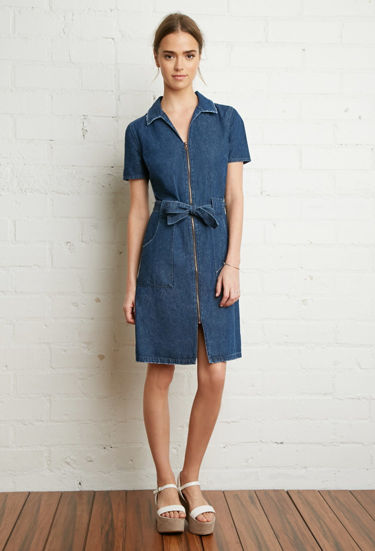 Forever 21 Zipper-front Denim Shirt Dress in Blue | Lyst