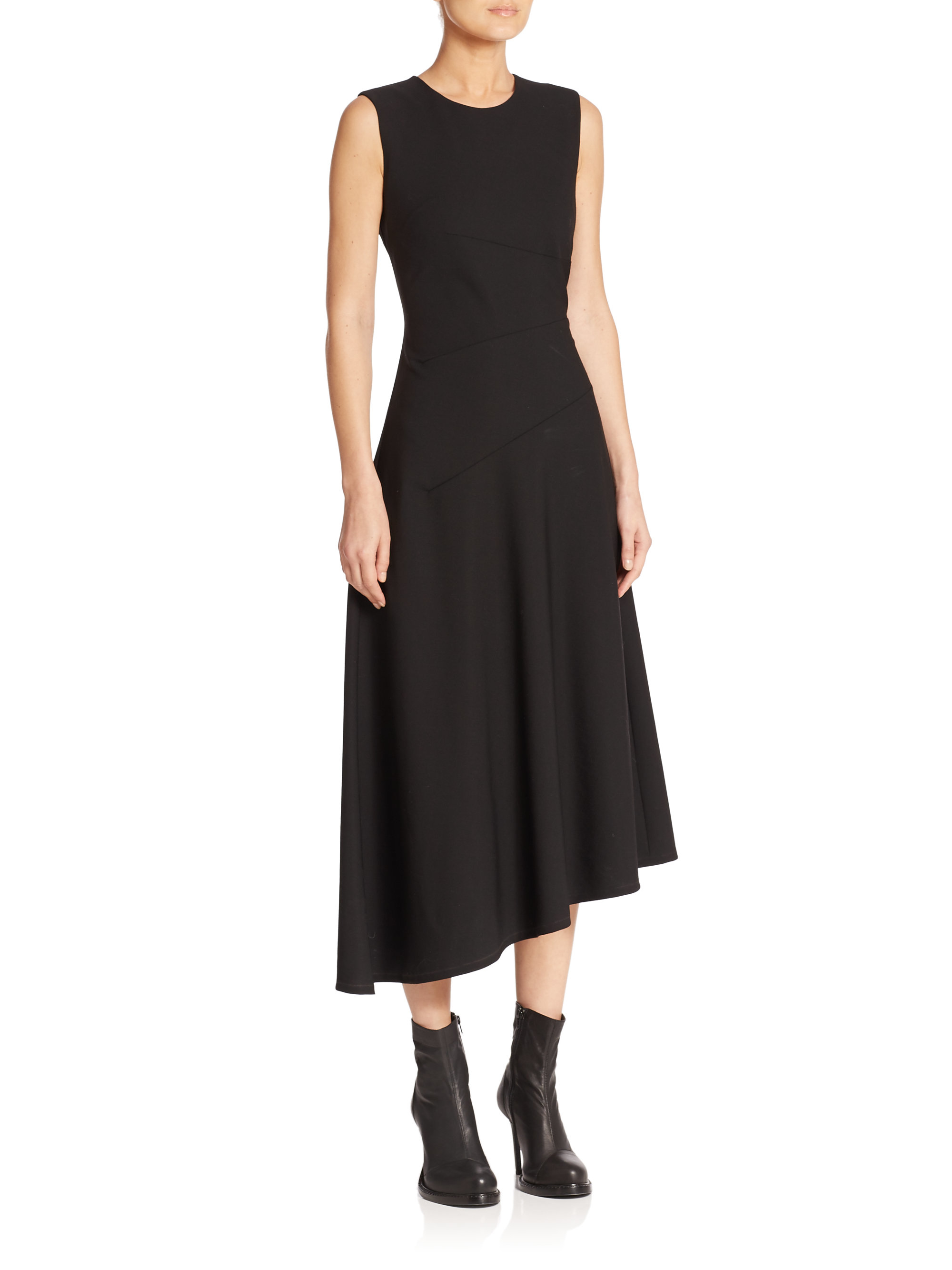 Lyst - Dkny Asymmetrical Midi Wool Dress in Black