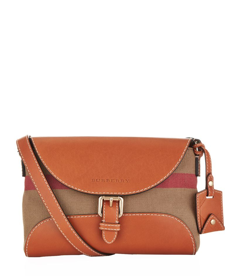 Burberry Small Leather Detail Canvas Check Crossbody Bag in Brown | Lyst