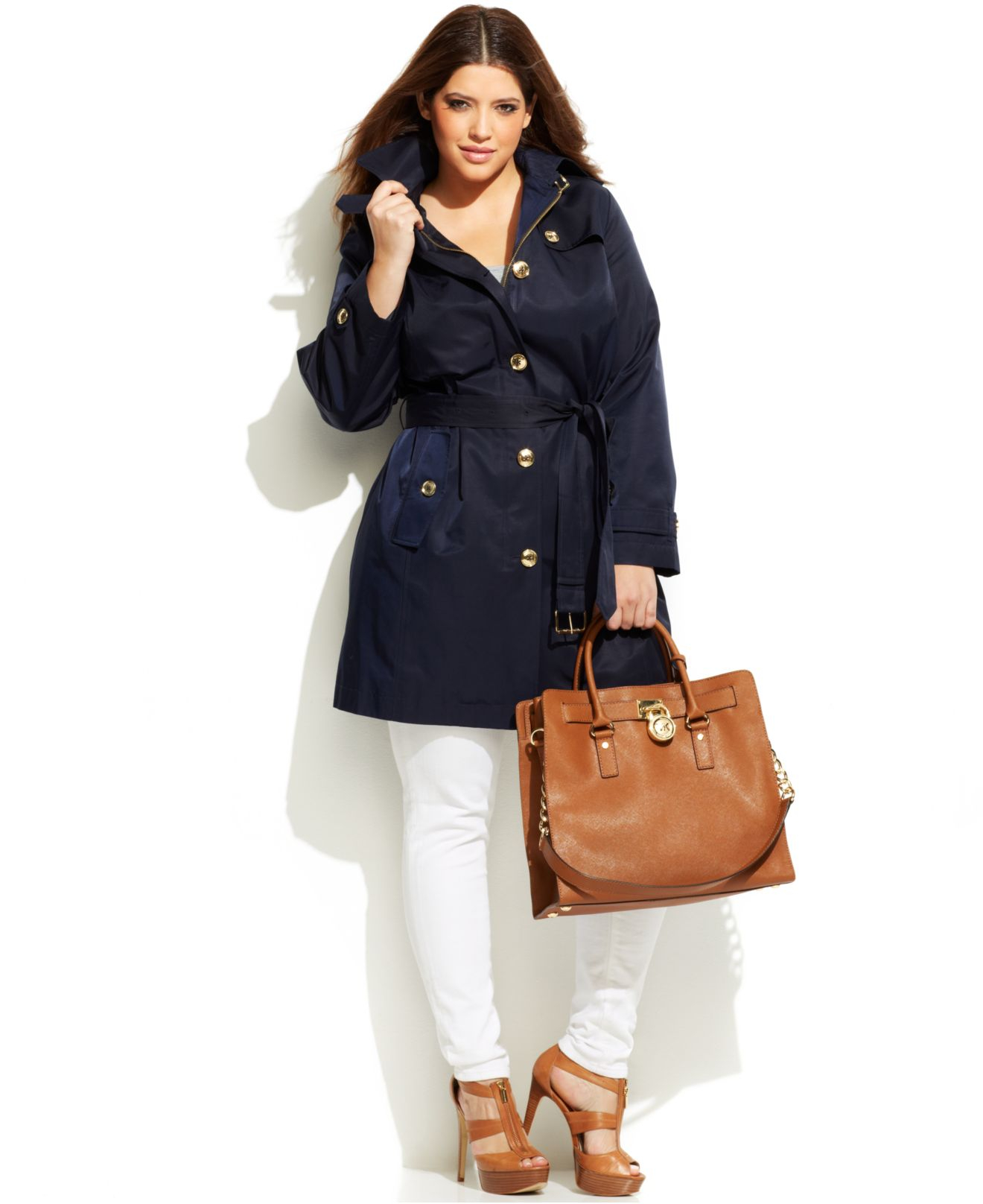 Lyst - Michael Kors Michael Plus Size Hooded Belted Trench Coat in Blue