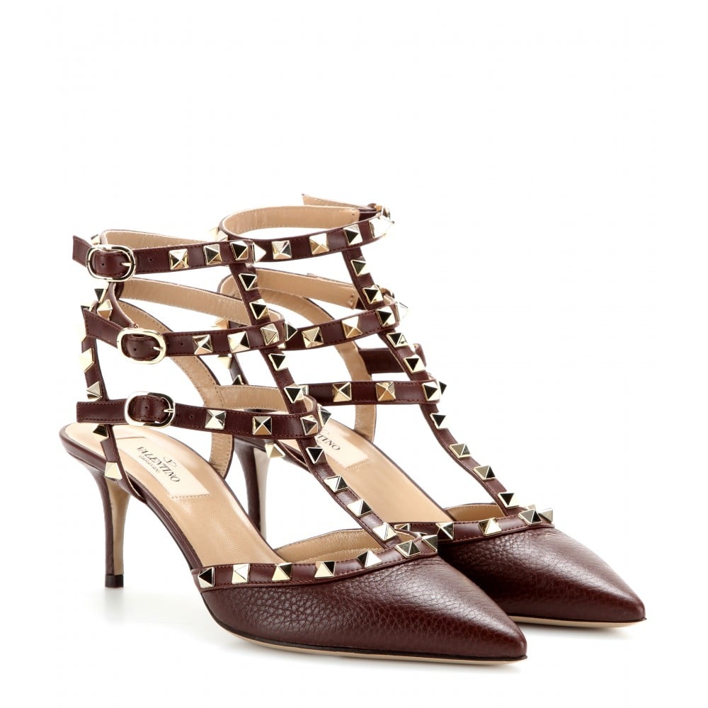 Valentino Rockstud Leather Kitten-Heel Pumps in Brown (chocolate) | Lyst